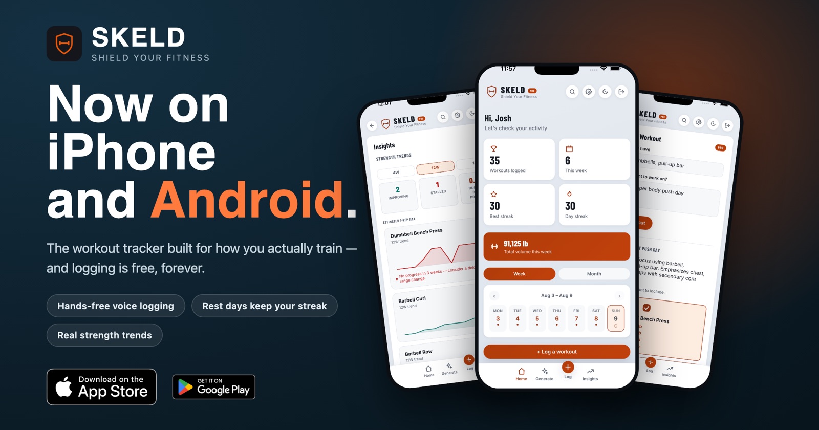 Skeld launch banner: 'Now on iPhone and Android' with the app's home, insights, and workout-log screens shown on three phones